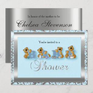 Invitation Damas bleu et argent avec ours en peluche   BABY S