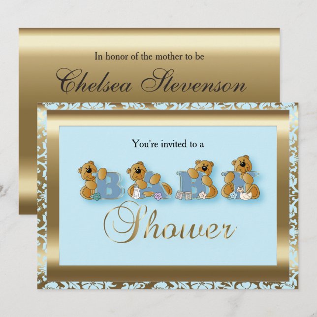 Invitation Damas bleu et or avec ours en peluche | BABY SHOWE (Devant / Derrière)