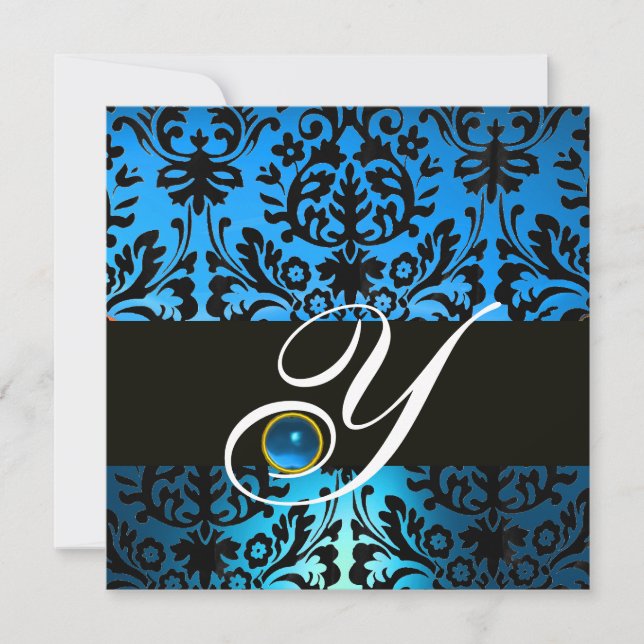 Invitation DAMAS BLEU NOIR À MONOGRAMME Saphir (Devant)