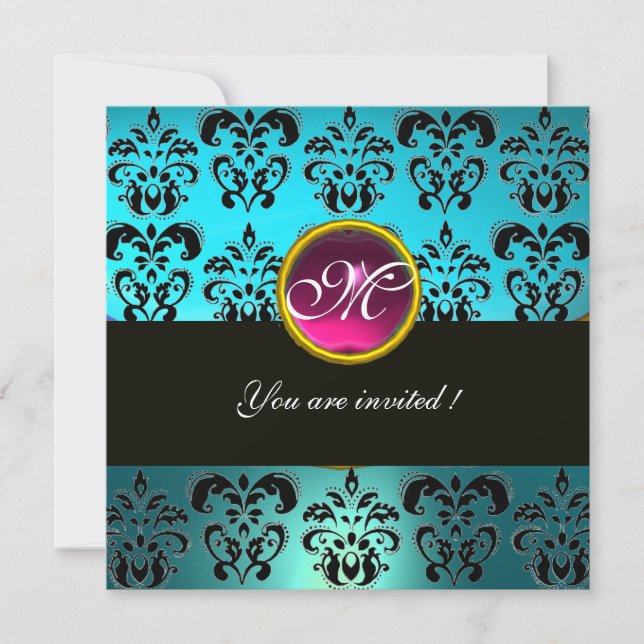 Invitation DAMAS BLEU NOIR MONOGRAMME, améthyste rose turquoi (Devant)