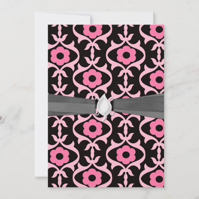 Invitation damas de fleur rose chic blanc sur noir (Devant)