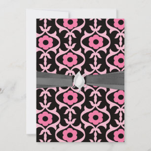 Invitation damas de fleur rose chic blanc sur noir
