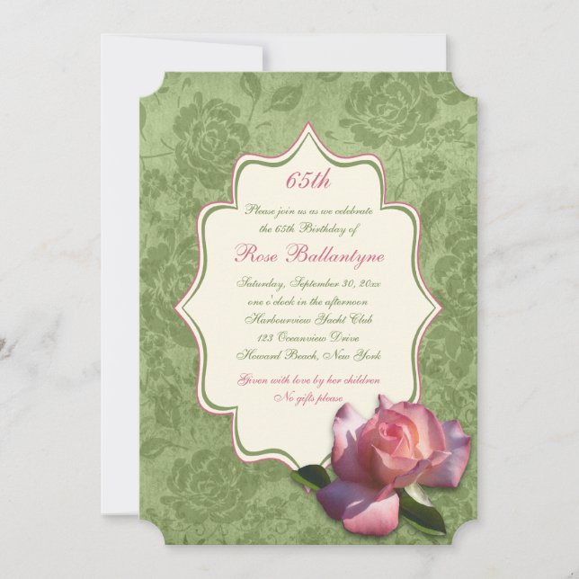 Invitation Damas de rose rose verte 65e anniversaire Invitati (Devant)