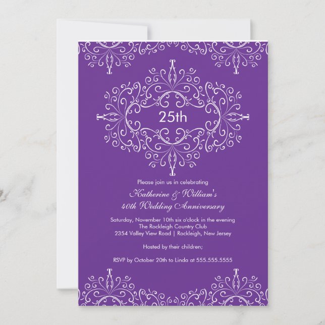 Invitation Damas du 25e anniversaire blanc violet (Devant)