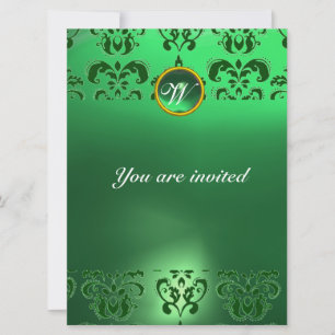 Invitation DAMAS ÉMERAUDE MONOGRAMME PIERRE PRÉCIEUSE verte