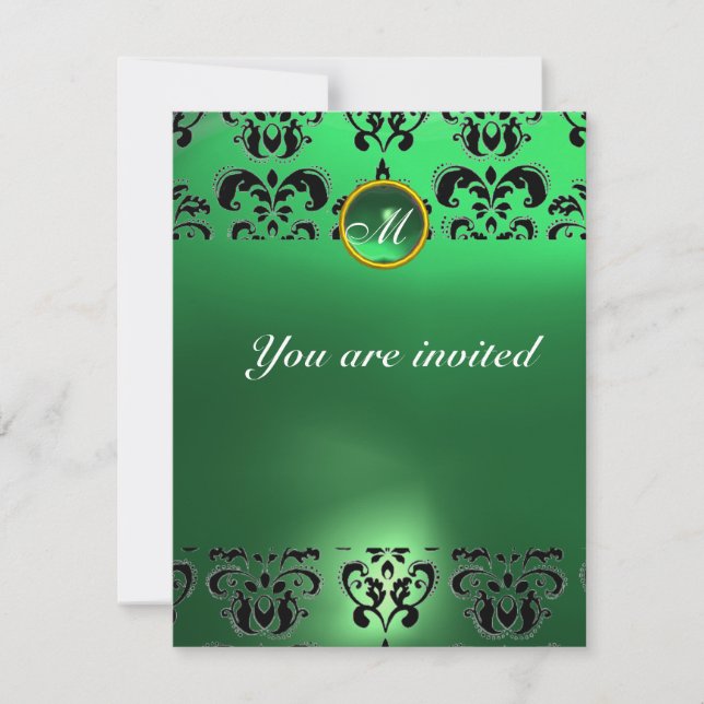 Invitation DAMAS ÉMERAUDE PIERRE PRÉCIEUSE MONOGRAMME vert no (Devant)