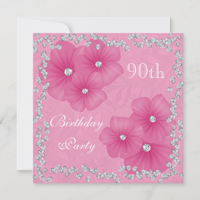 Invitation Damas et fleurs roses 90e anniversaire (Devant)