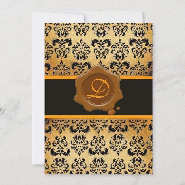 INVITATION DAMAS JAUNE BRUN ET NOIR, MONOGRAMME À SCEAU DE CI (Devant)