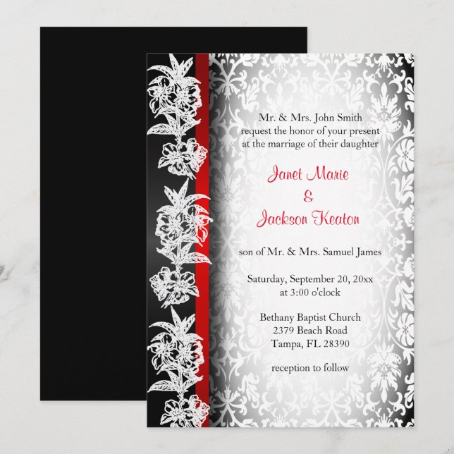 Invitation Damas Mariage moderne en blanc, noir et rouge (Devant / Derrière)
