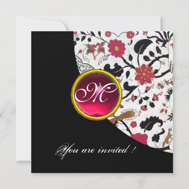 Invitation DAMAS MONOGRAMME NOIR ET BLANC, rubis rouge, (Devant)