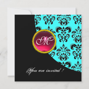 Invitation DAMAS MONOGRAMME NOIR ET BLEU,rouge rubis,turquois