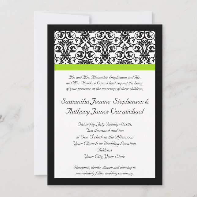 Invitation Damas noir/blanc avec bande d'accents vert de la C (Devant)