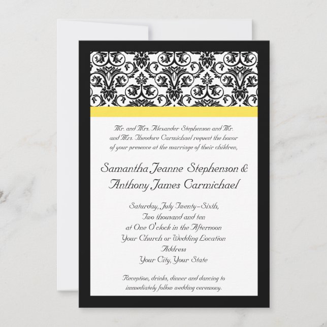Invitation Damas noir/blanc avec jaune vif (Devant)