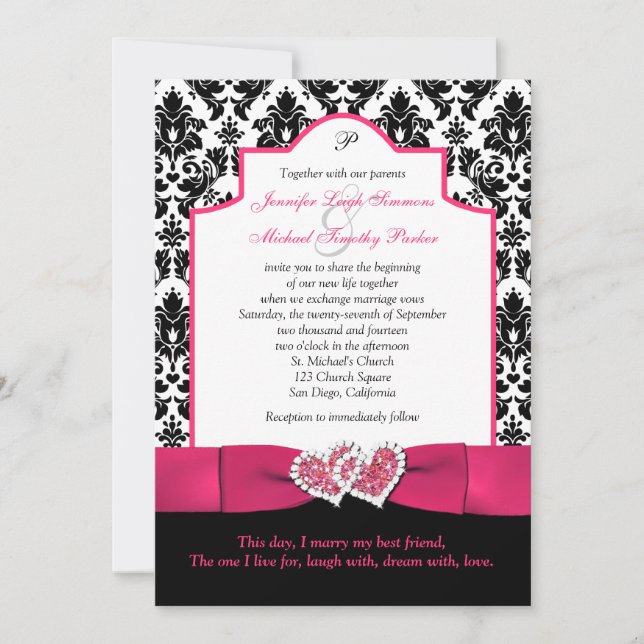 Invitation Damas noir blanc, Coeurs de Parties scintillant ro (Devant)