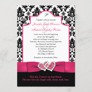 Invitation Damas noir blanc, Coeurs de Parties scintillant ro