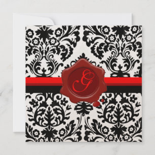 INVITATION DAMAS NOIR & BLANC, MONOGRAMME À LA CIRÉ ROUGE OR
