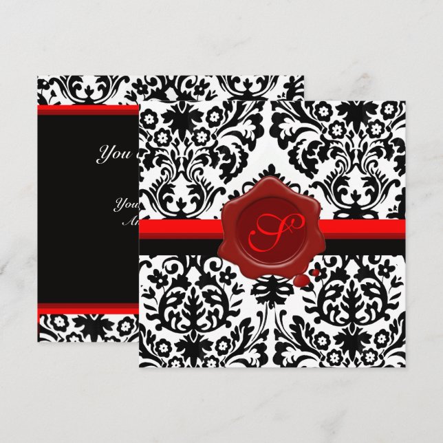 INVITATION DAMAS NOIR & BLANC, MONOGRAMME À PLAQUÉE EN CIRE R (Devant / Derrière)