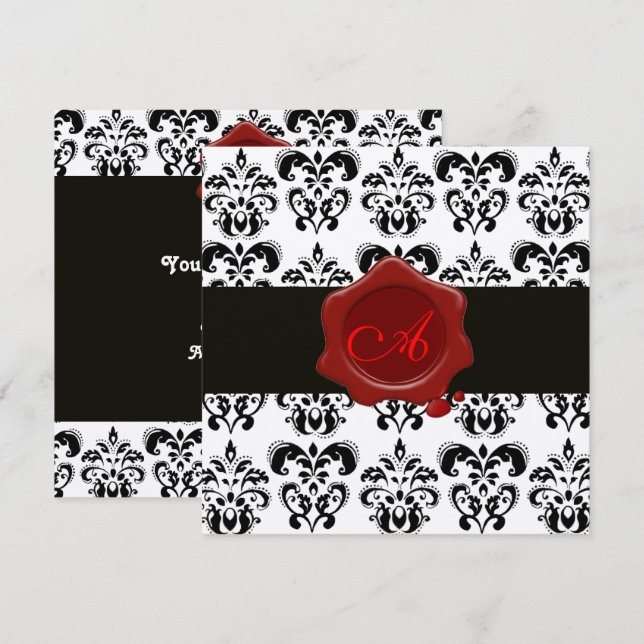 INVITATION DAMAS NOIR & BLANC, MONOGRAMME À SCEAU DE CIRAGE R (Devant / Derrière)