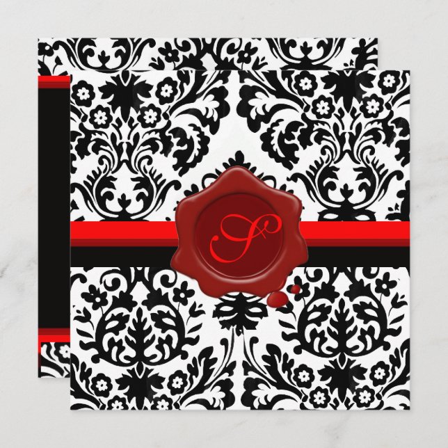 INVITATION DAMAS NOIR & BLANC, MONOGRAMME ARGENTÉ SCEAU DE CI (Devant / Derrière)