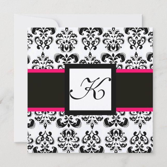Invitation DAMAS NOIR BLANC MONOGRAMME Champagne Métallisé (Devant)
