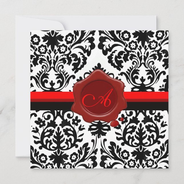 INVITATION DAMAS NOIR & BLANC, MONOGRAMME DE CIRE ROUGE (Devant)