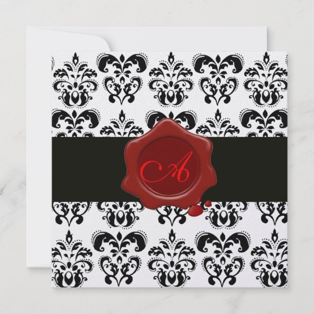 INVITATION DAMAS NOIR & BLANC, MONOGRAMME SCELLÉ À LA CIRE RO (Devant)