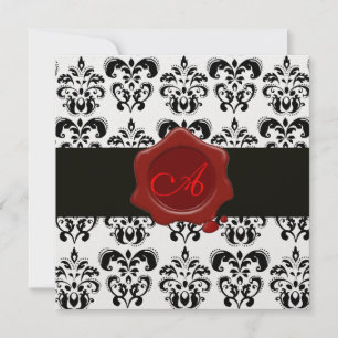 INVITATION DAMAS NOIR & BLANC, MONOGRAMME SCELLÉ À LA CIRE RO