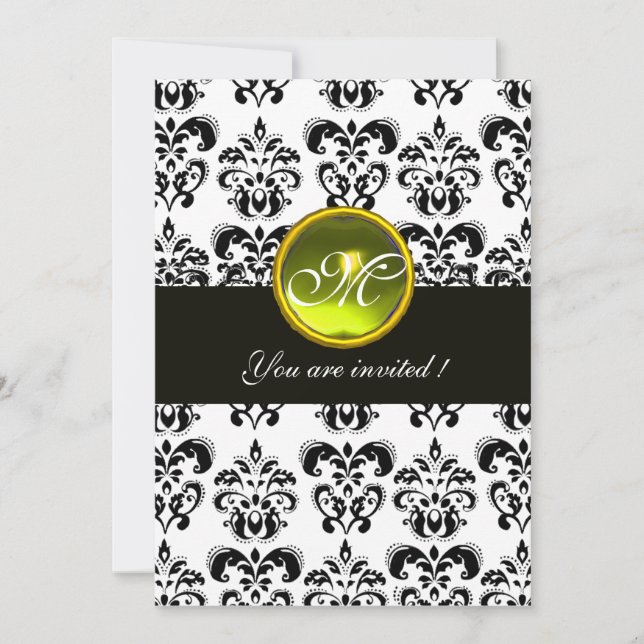 Invitation DAMAS NOIR ET BLANC À MONOGRAMME, topaze jaune (Devant)