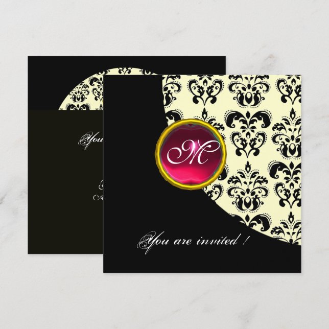 Invitation DAMAS NOIR ET BLANC MONOGRAMME,rouge rubis,argent (Devant / Derrière)