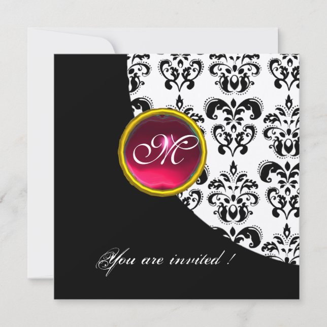 Invitation DAMAS NOIR ET BLANC MONOGRAMME,rouge rubis,or (Devant)