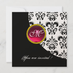 Invitation DAMAS NOIR ET BLANC MONOGRAMME,rouge rubis,or