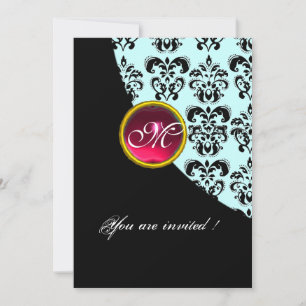 Invitation DAMAS NOIR ET BLEU MONOGRAMME, rubis rouge
