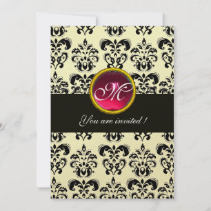 Invitation DAMAS NOIR ET OR MONOGRAMME, rubis rouge, fuchsia