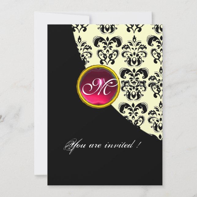 Invitation DAMAS NOIR ET OR MONOGRAMME, rubis rouge, fuchsia (Devant)