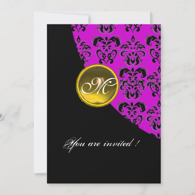 Invitation DAMAS NOIR ET VIOLET MONOGRAMME, topaze jaune (Devant)
