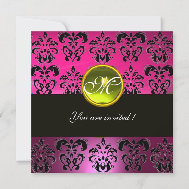 Invitation DAMAS NOIR ROSE MONOGRAMME, topaze jaune (Devant)