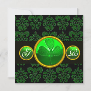 INVITATION DAMAS NOIR VERT AVEC MONOGRAMME ÉMERALDE SHAMROCK