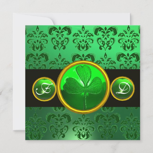 INVITATION DAMAS NOIR VERT , MONOGRAMME TRÈFLE (Devant)
