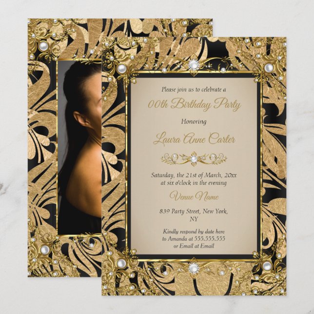 Invitation Damas Or Beige Perle Photo Fête d'anniversaire (Devant / Derrière)