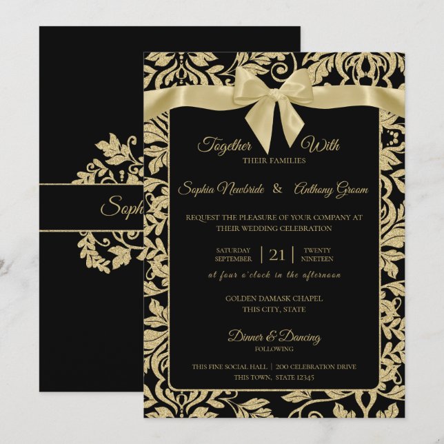 Invitation Damas or et noir avec Mariage Bow (Devant / Derrière)