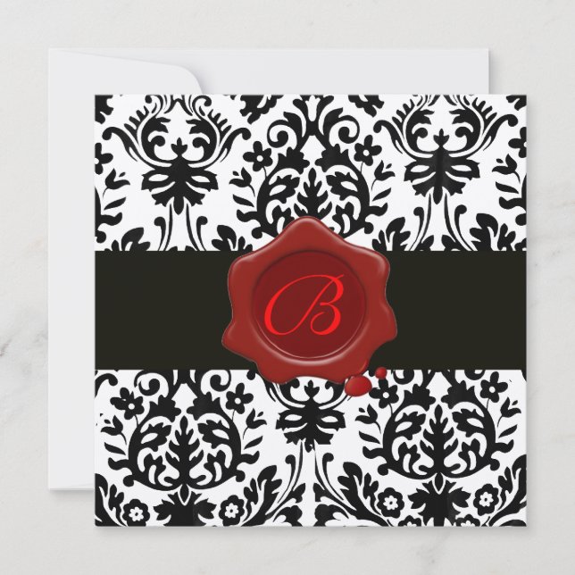 INVITATION DAMAS OR ET NOIR AVEC SCEAU DE CIRE ROUGE MONOGRAM (Devant)