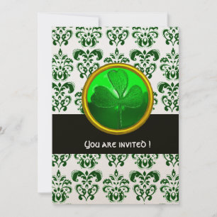 Invitation DAMAS OR ET VERT AVEC TRÈFLE, Noir Blanc