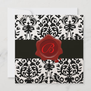 Invitation DAMAS OR NOIR & BLANC, Sceau de cire rouge monogra