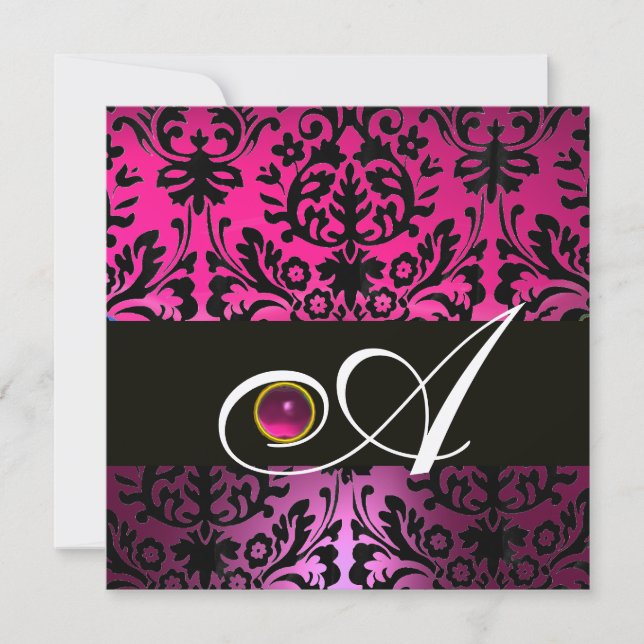 INVITATION DAMAS POURPRE NOIR MONOGRAMME AMETHYSTE FUCHSIA (Devant)