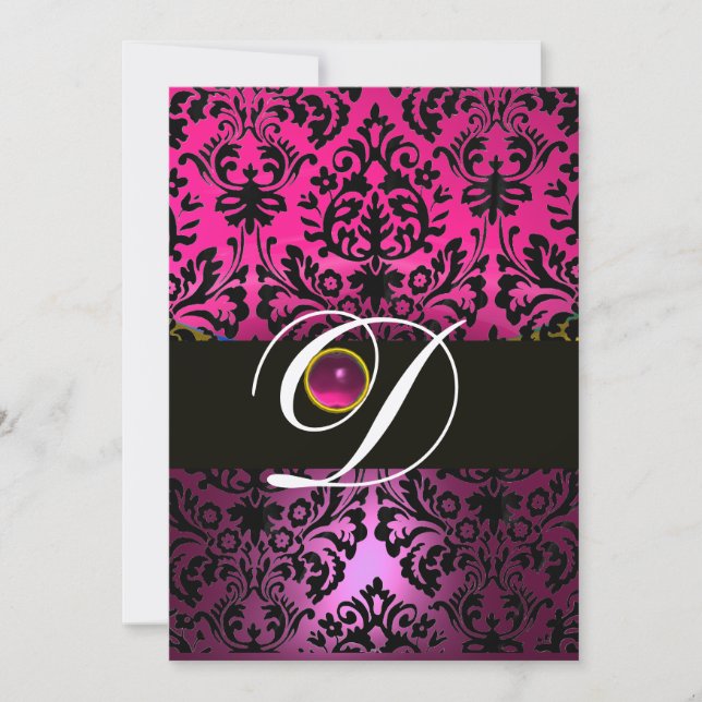 Invitation DAMAS POURPRE NOIR MONOGRAMME Améthyste Fuchsia (Devant)
