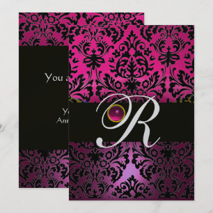Invitation DAMAS POURPRE NOIR MONOGRAMME Améthyste Fuchsia