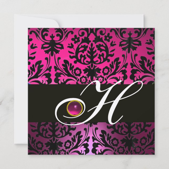 Invitation DAMAS POURPRE NOIR MONOGRAMME Améthyste Fuchsia (Devant)