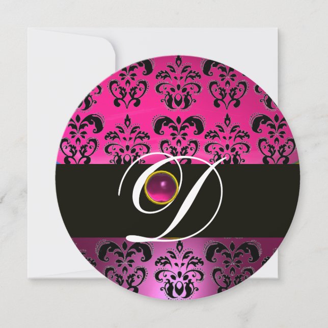 Invitation DAMAS POURPRE NOIR MONOGRAMME Améthyste Fuchsia (Devant)