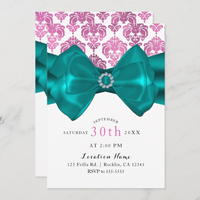 Invitation Damas rose et blanc Turquoise Bow Glam Sweet 16 Pa (Devant / Derrière)