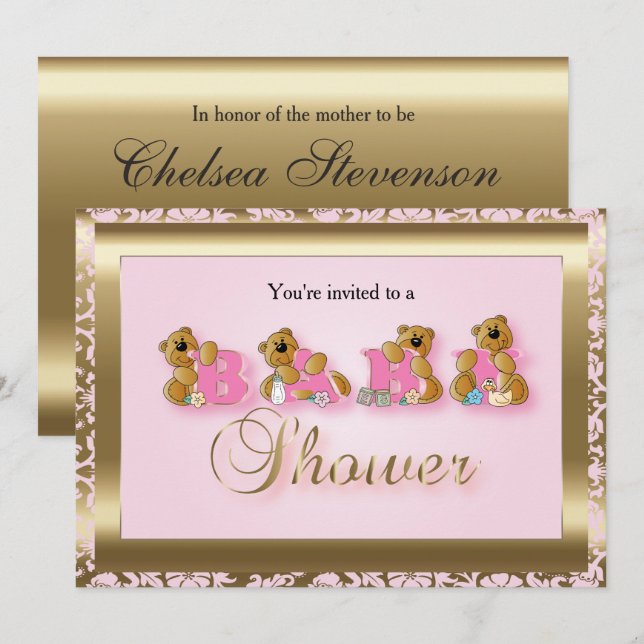 Invitation Damas rose et or avec Nounours | Baby shower (Devant / Derrière)